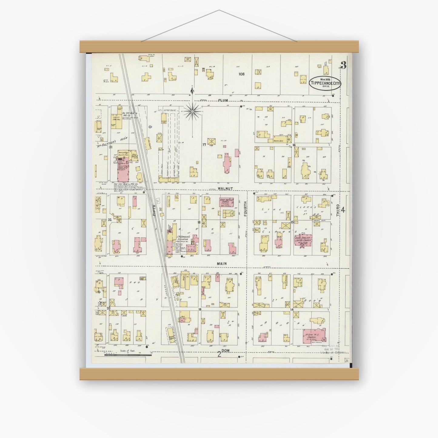 Old map wall art mockup — magnetic wood frame on white wall — Sanborn Fire Insurance Map from Tipp City, Miami County, Ohio (1898), Sheet #0003