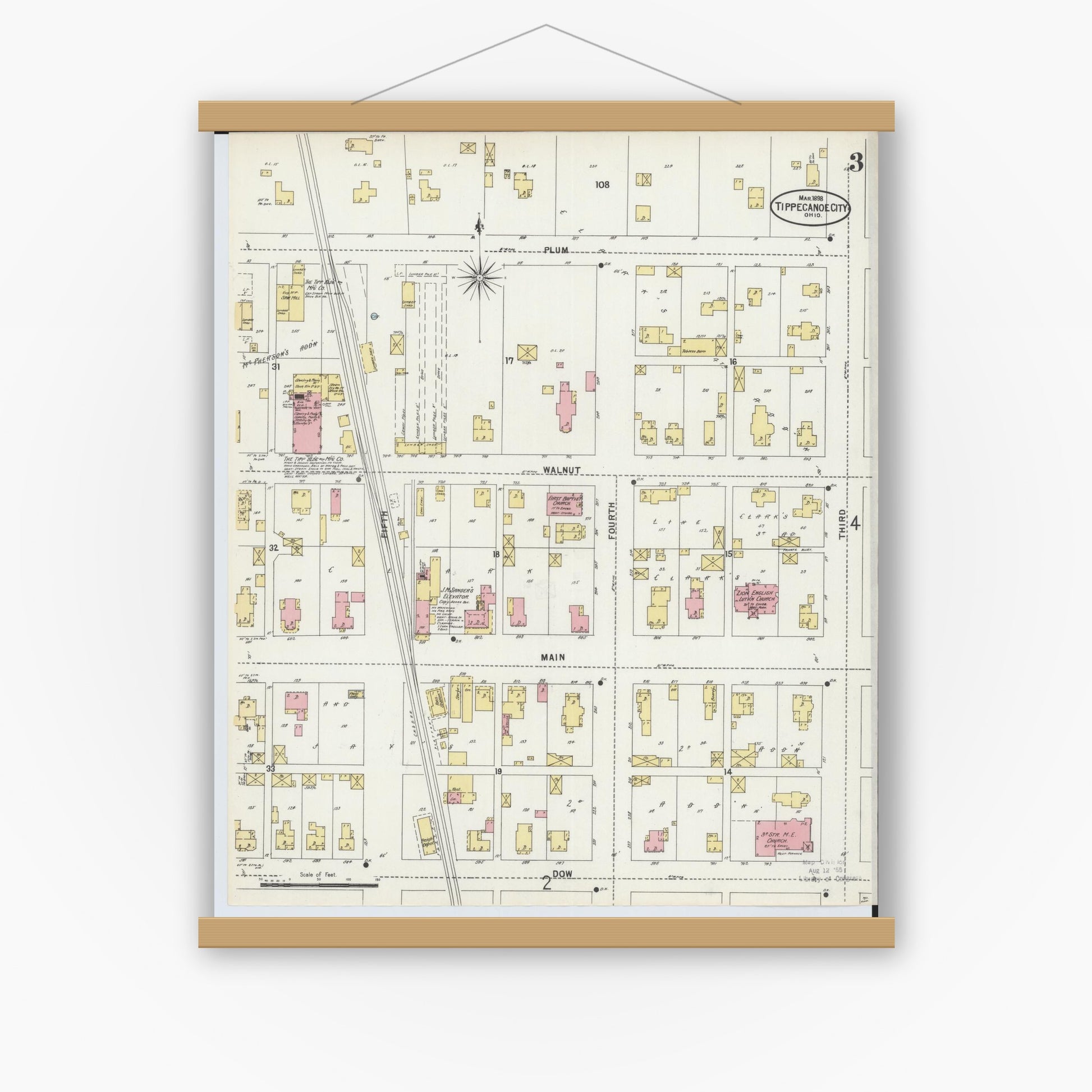Old map wall art mockup — magnetic wood frame on white wall — Sanborn Fire Insurance Map from Tipp City, Miami County, Ohio (1898), Sheet #0003