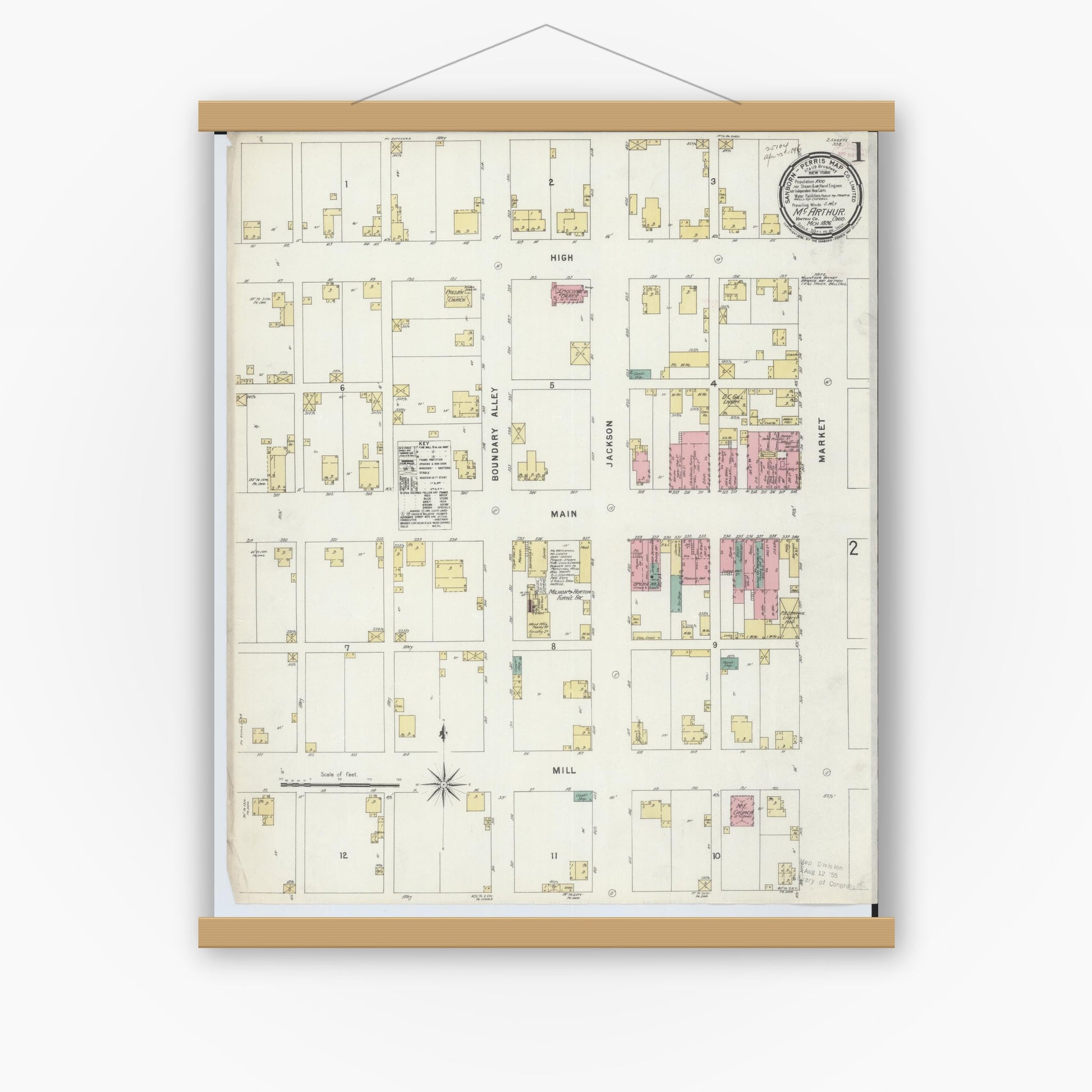 Old map wall art mockup — magnetic wood frame on white wall — Sanborn Fire Insurance Map from McArthur, Vinton County, Ohio (1896) - Complete Map Set