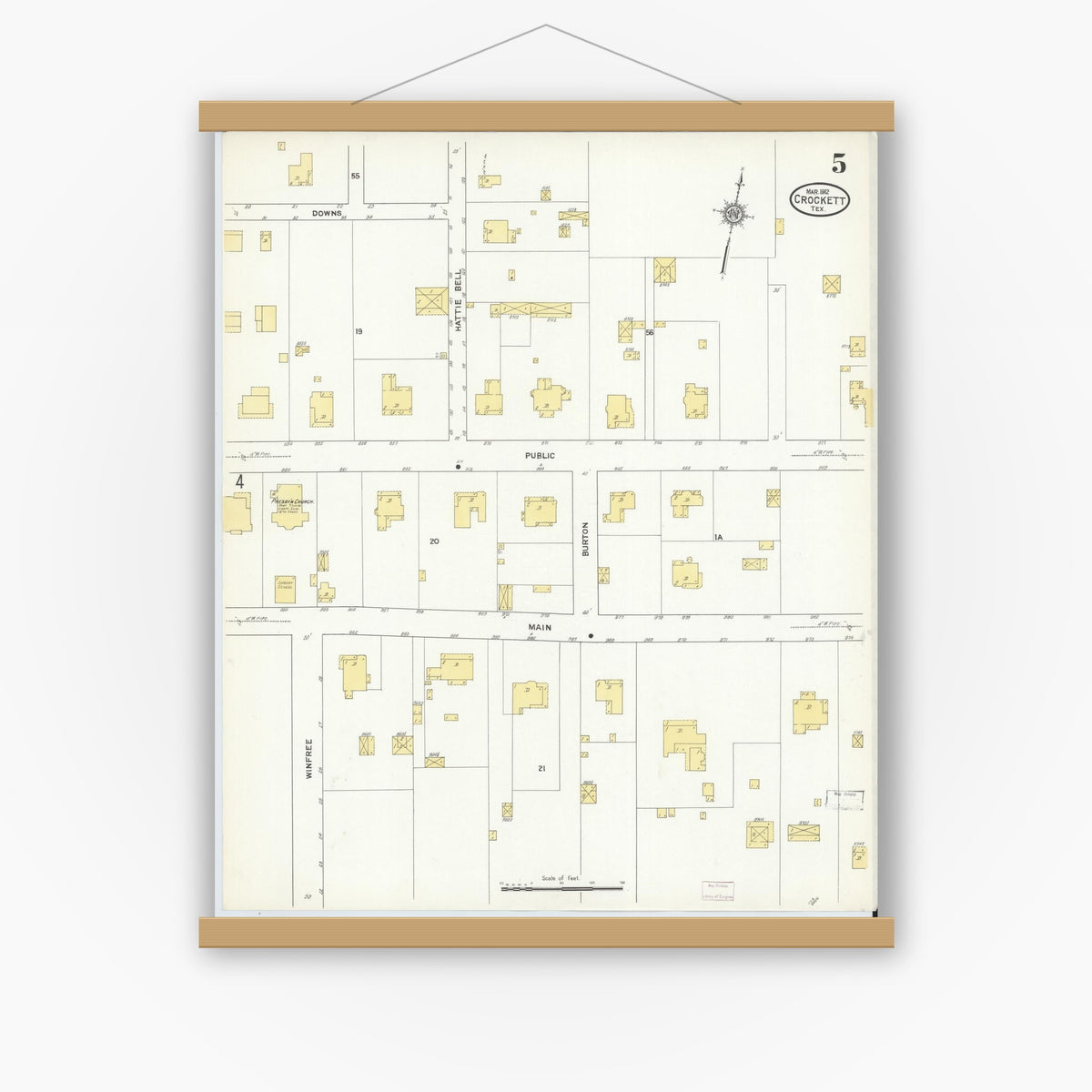 Old map wall art mockup — magnetic wood frame on white wall — Sanborn Fire Insurance Map from Crockett, Houston County, Texas (1912), Sheet #0005