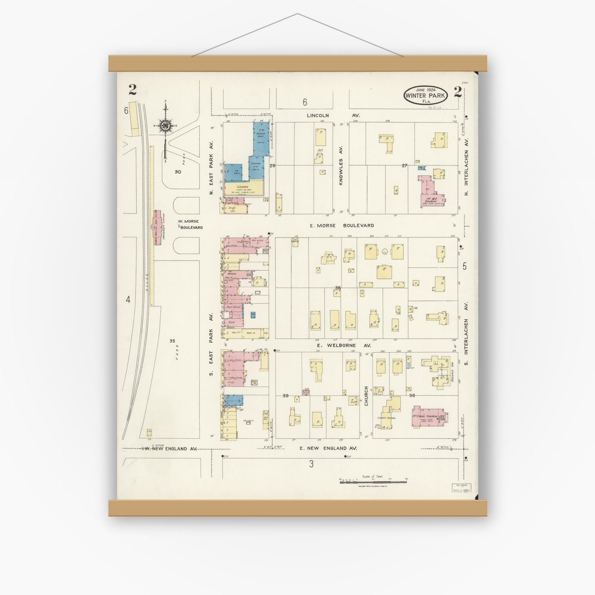 Old map wall art mockup — magnetic wood frame on white wall — Sanborn Fire Insurance Map from Winter Park, Orange County, Florida (1924), Sheet #0002