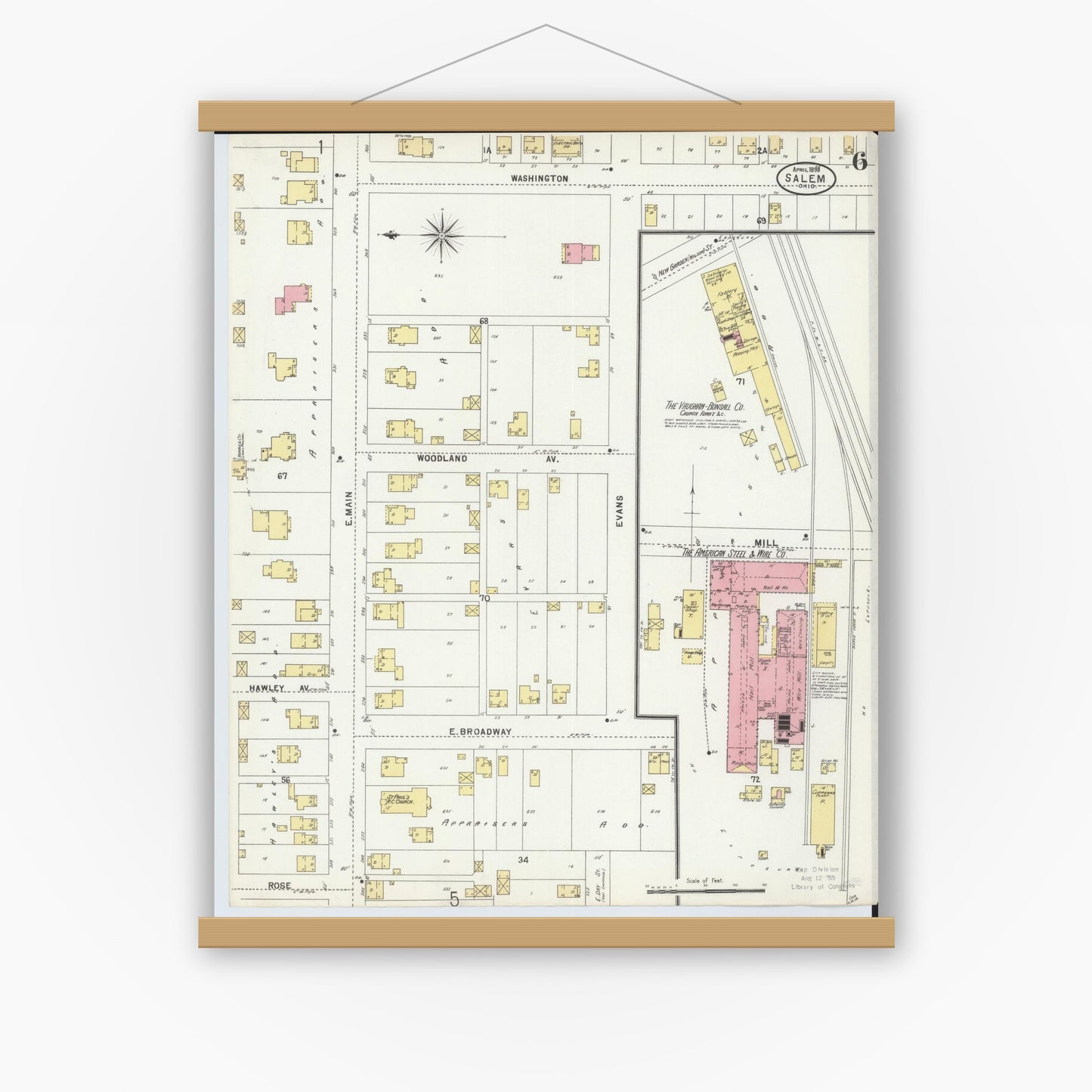 Old map wall art mockup — magnetic wood frame on white wall — Sanborn Fire Insurance Map from Salem, Columbiana County, Ohio (1898), Sheet #0006