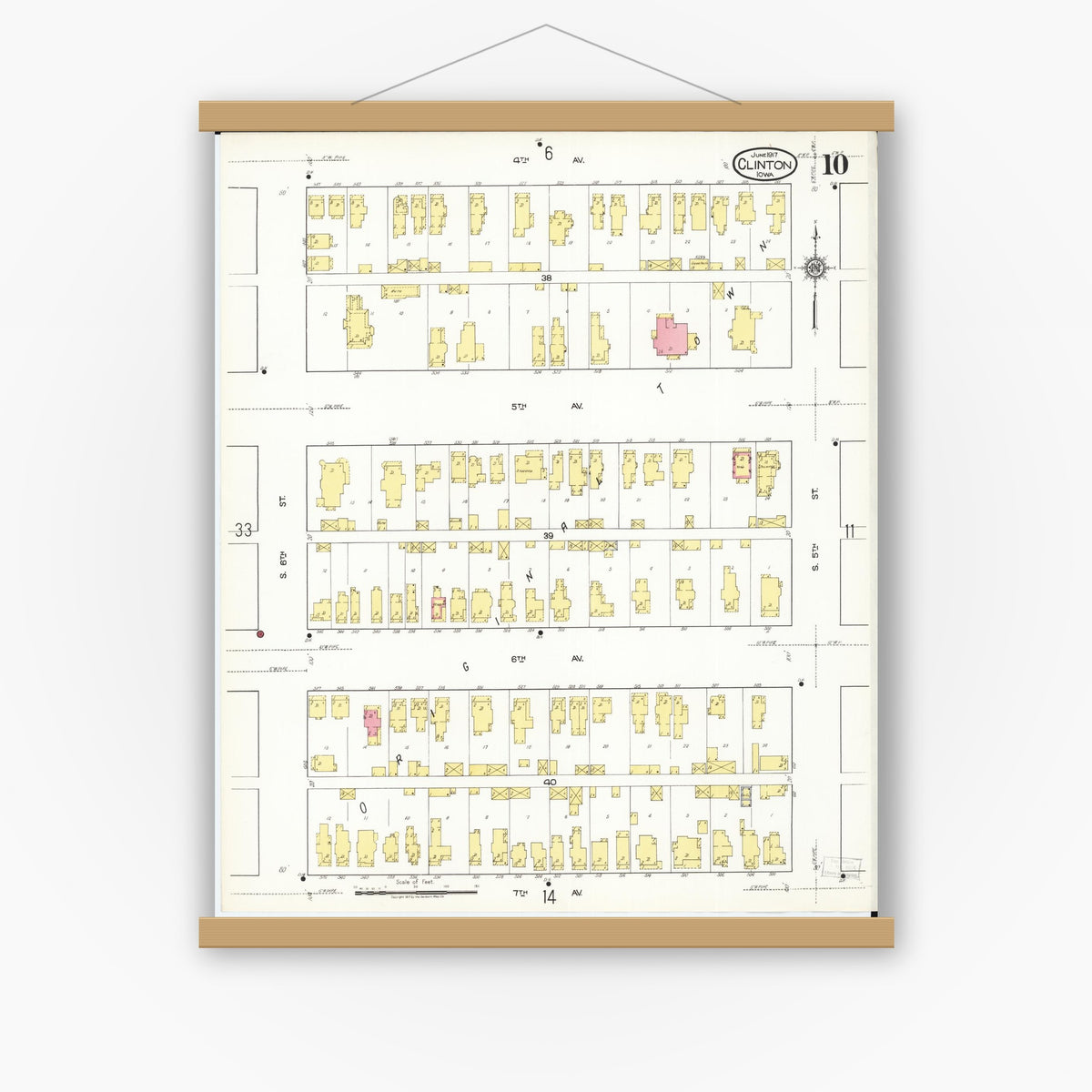 Old map wall art mockup — magnetic wood frame on white wall — Sanborn Fire Insurance Map from Clinton, Clinton County, Iowa (1917), Sheet #0010