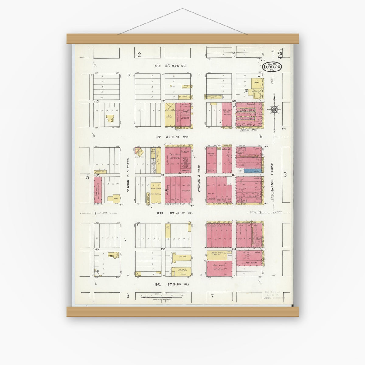 Old map wall art mockup — magnetic wood frame on white wall — Sanborn Fire Insurance Map from Lubbock, Lubbock County, Texas (1921), Sheet #0002