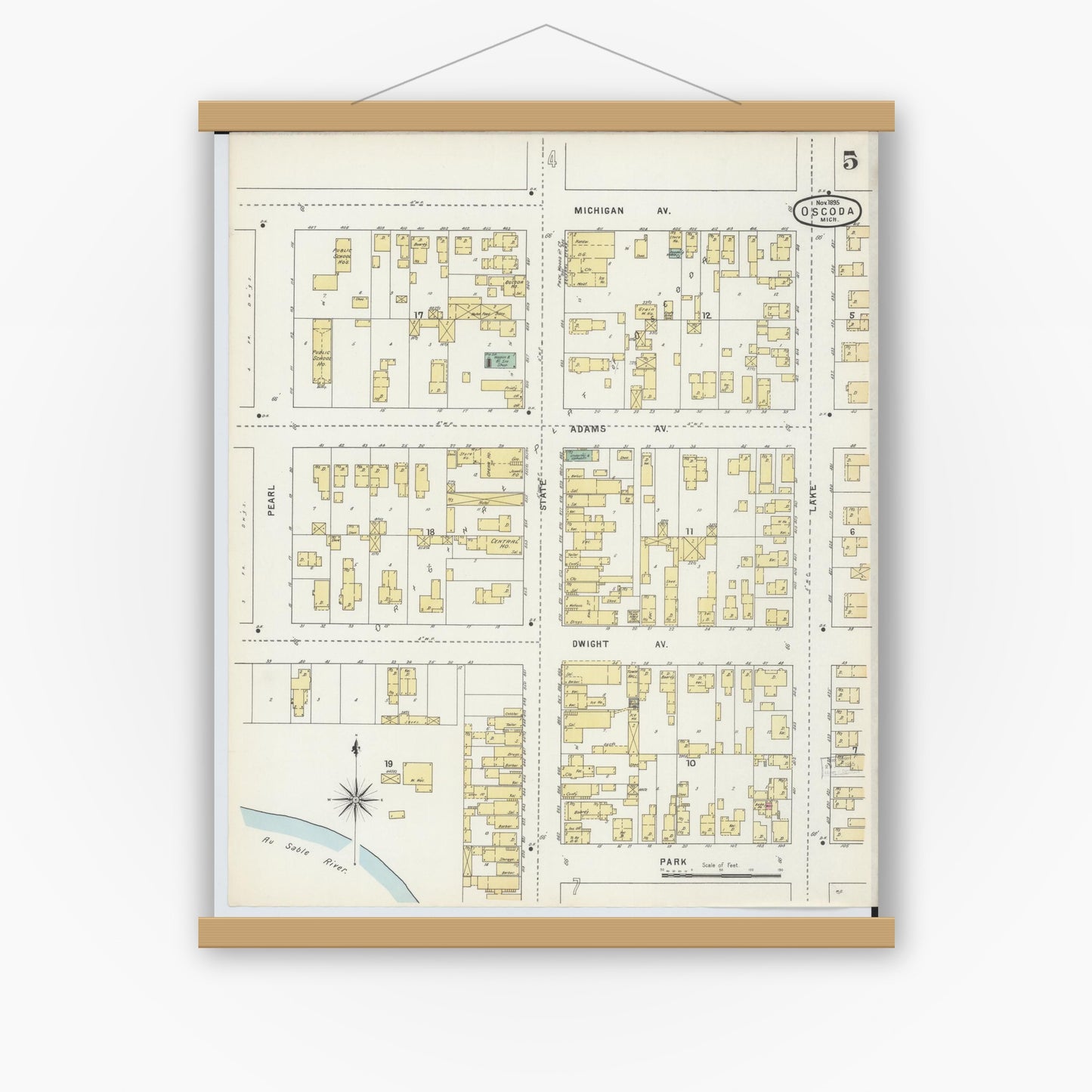 Old map wall art mockup — magnetic wood frame on white wall — Sanborn Fire Insurance Map from Oscoda, Iosco County, Michigan (1895), Sheet #0005