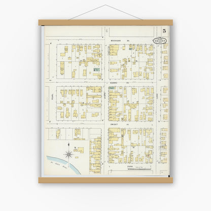 Old map wall art mockup — magnetic wood frame on white wall — Sanborn Fire Insurance Map from Oscoda, Iosco County, Michigan (1895), Sheet #0005