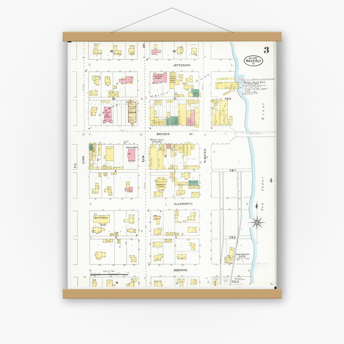 Old map wall art mockup — magnetic wood frame on white wall — Sanborn Fire Insurance Map from Waverly, Bremer County, Iowa (1905), Sheet #0003