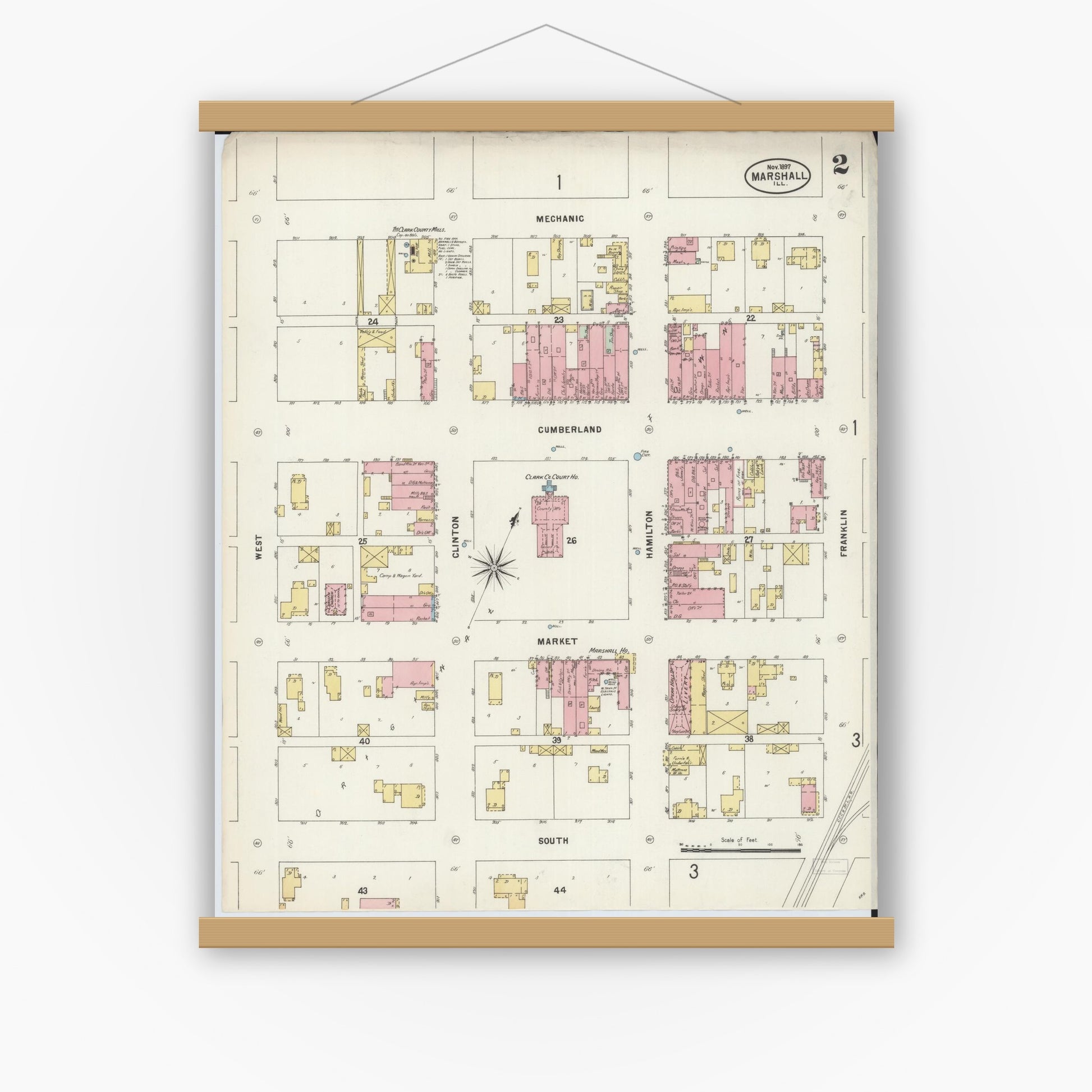 Old map wall art mockup — magnetic wood frame on white wall — Sanborn Fire Insurance Map from Marshall, Clark County, Illinois (1897), Sheet #0002