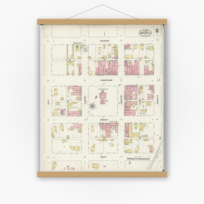 Old map wall art mockup — magnetic wood frame on white wall — Sanborn Fire Insurance Map from Marshall, Clark County, Illinois (1897), Sheet #0002