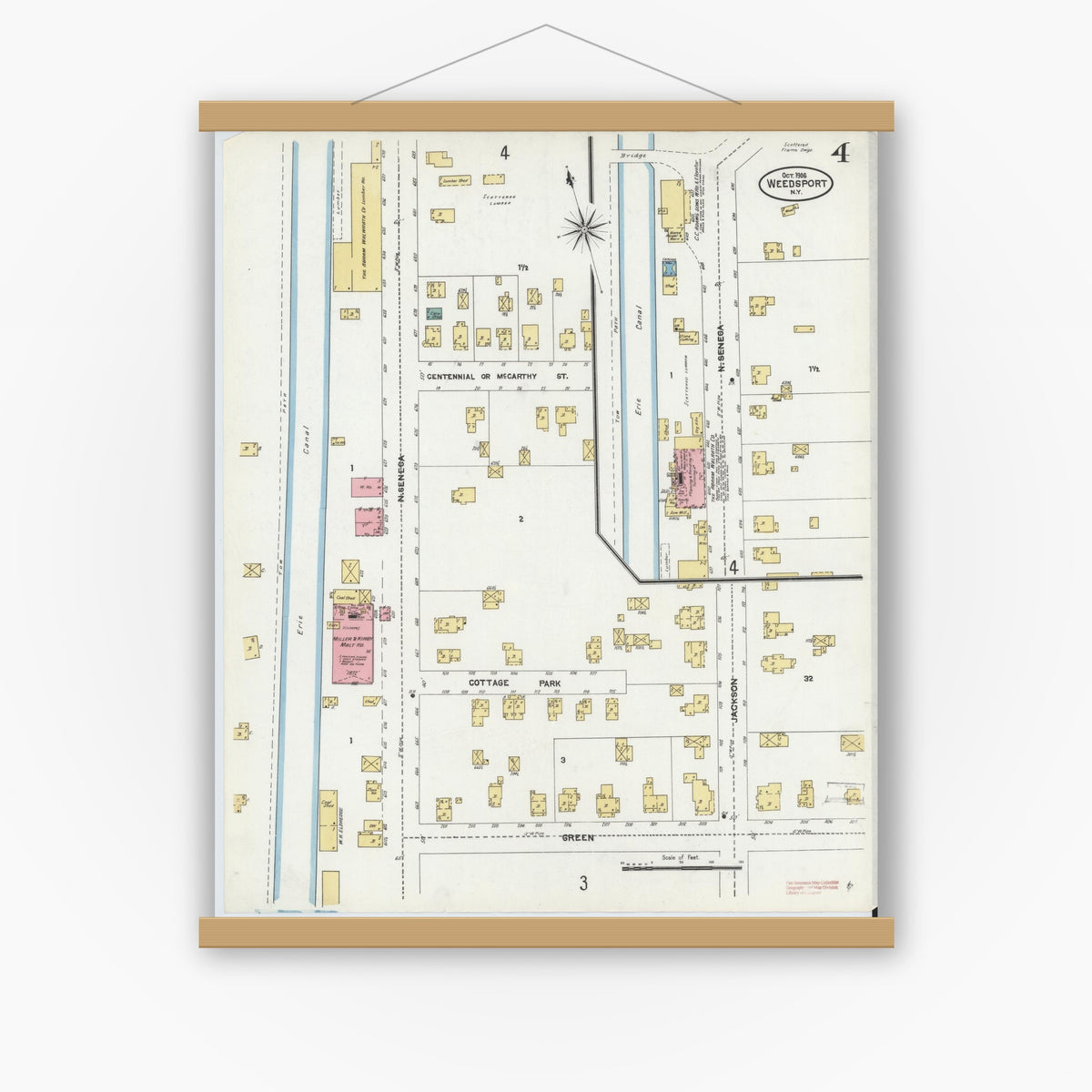 Old map wall art mockup — magnetic wood frame on white wall — Sanborn Fire Insurance Map from Weedsport, Cayuga County, New York (1906), Sheet #0004