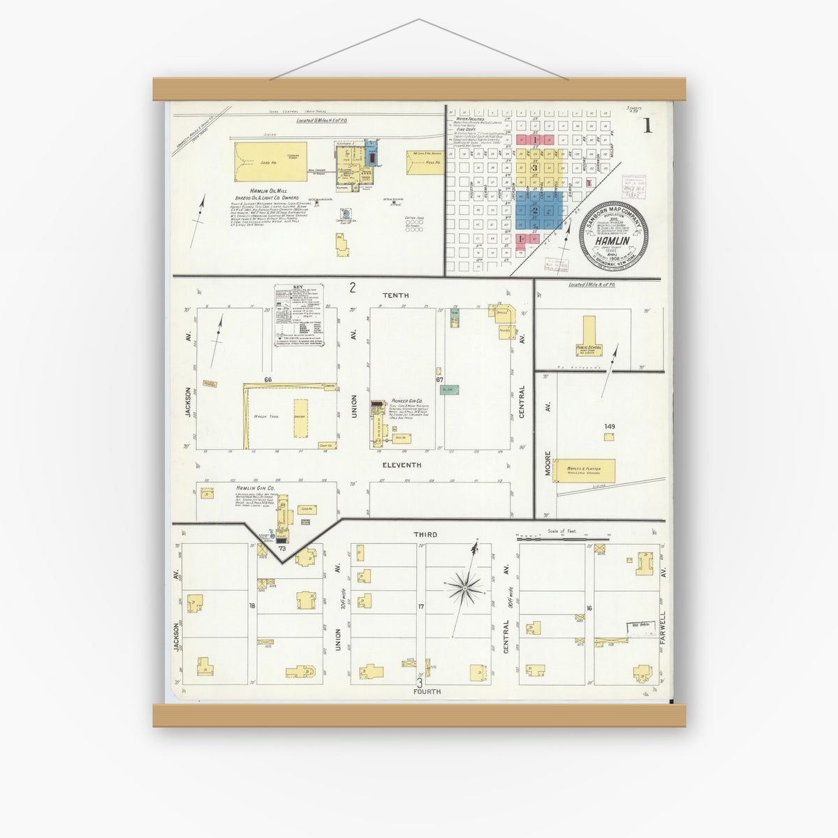 Old map wall art mockup — magnetic wood frame on white wall — Sanborn Fire Insurance Map from Hamlin, Jones County, Texas (1908), Sheet #0001