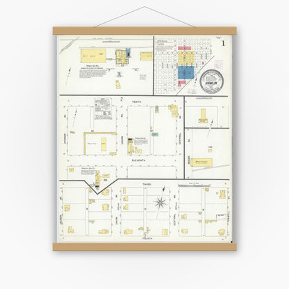 Old map wall art mockup — magnetic wood frame on white wall — Sanborn Fire Insurance Map from Hamlin, Jones County, Texas (1908), Sheet #0001