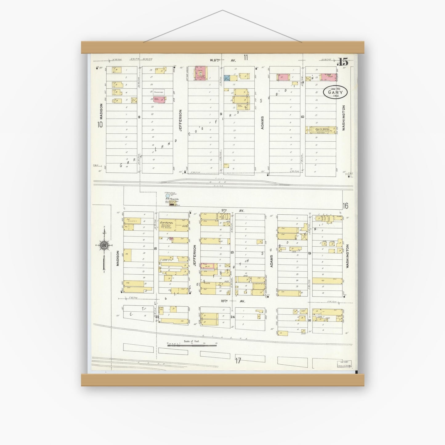 Old map wall art mockup — magnetic wood frame on white wall — Sanborn Fire Insurance Map from Gary, Lake County, Indiana (1911), Sheet #0015