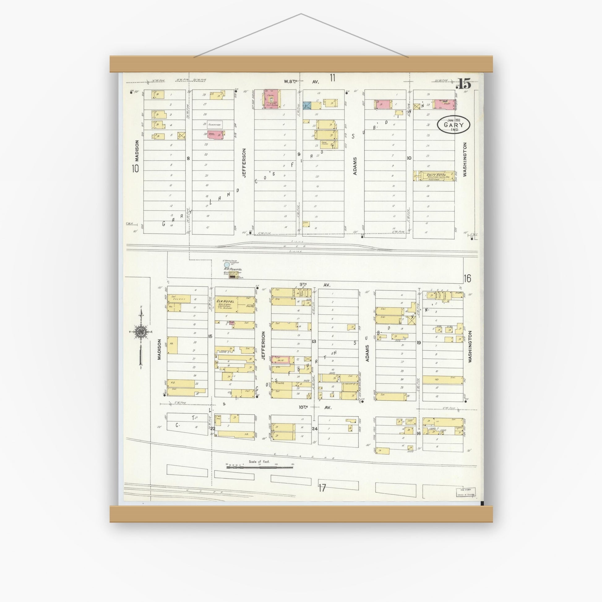 Old map wall art mockup — magnetic wood frame on white wall — Sanborn Fire Insurance Map from Gary, Lake County, Indiana (1911), Sheet #0015