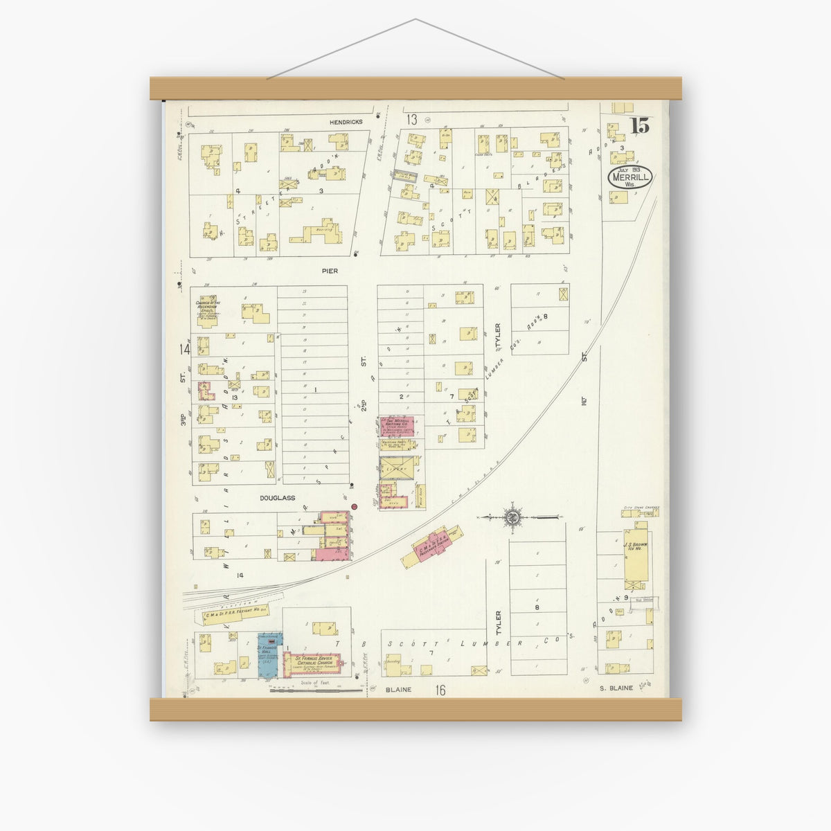 Old map wall art mockup — magnetic wood frame on white wall — Sanborn Fire Insurance Map from Merrill, Lincoln County, Wisconsin (1913), Sheet #0015