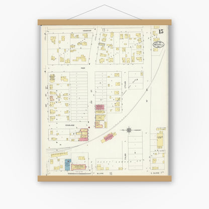 Old map wall art mockup — magnetic wood frame on white wall — Sanborn Fire Insurance Map from Merrill, Lincoln County, Wisconsin (1913), Sheet #0015