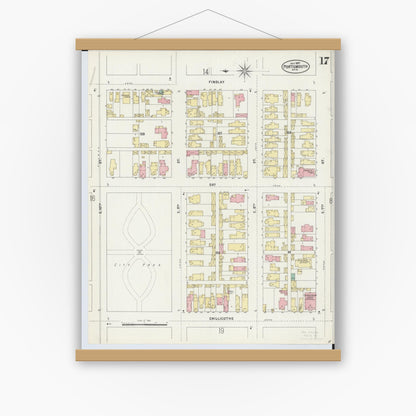 Old map wall art mockup — magnetic wood frame on white wall — Sanborn Fire Insurance Map from Portsmouth, Scioto County, Ohio (1897), Sheet #0017