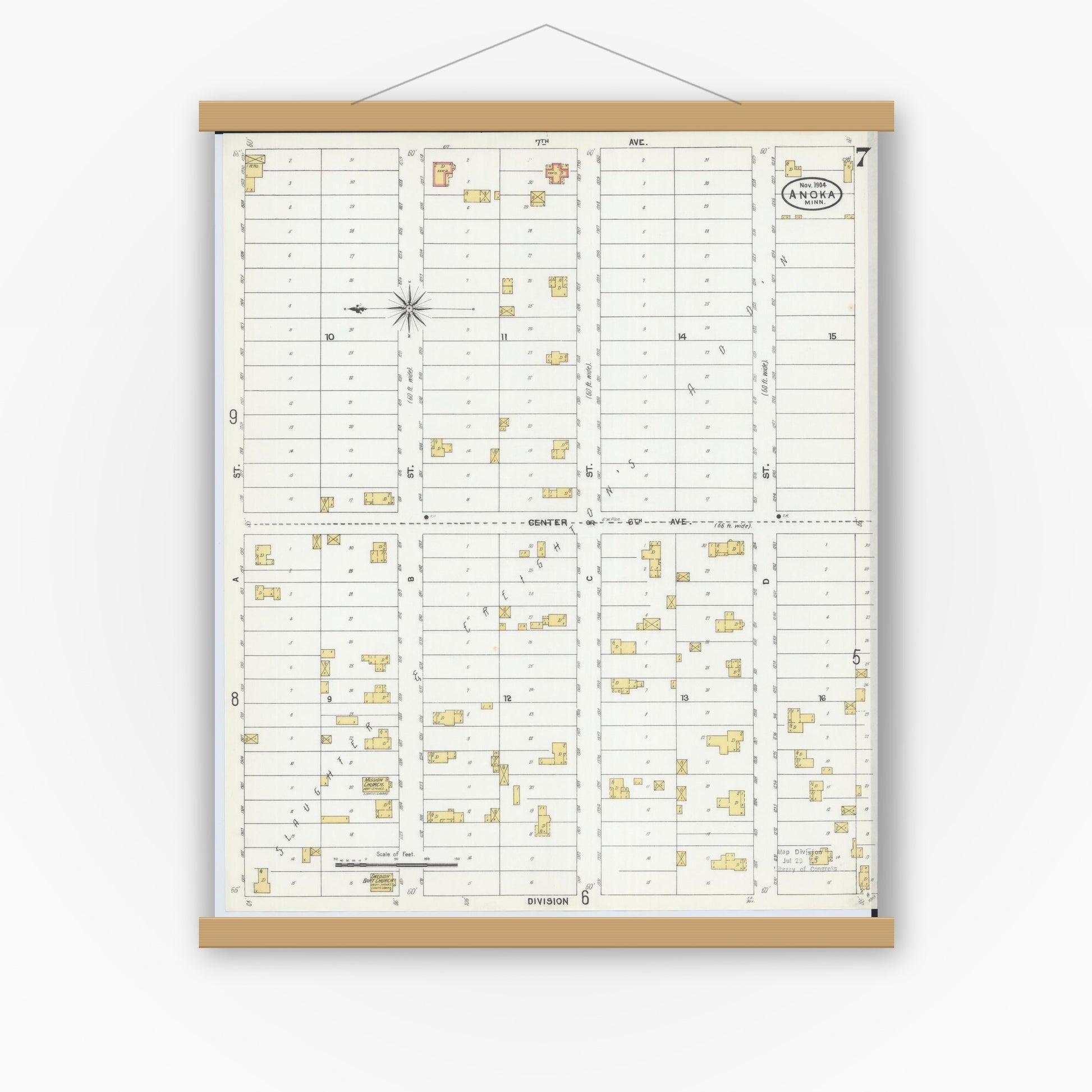 Old map wall art mockup — magnetic wood frame on white wall — Sanborn Fire Insurance Map from Anoka, Anoka County, Minnesota (1904), Sheet #0007