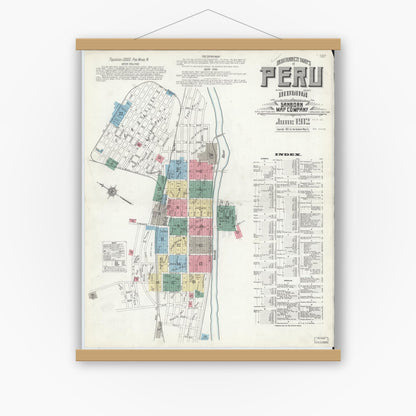 Old map wall art mockup — magnetic wood frame on white wall — Sanborn Fire Insurance Map from Peru, Miami County, Indiana (1912), Sheet #0001