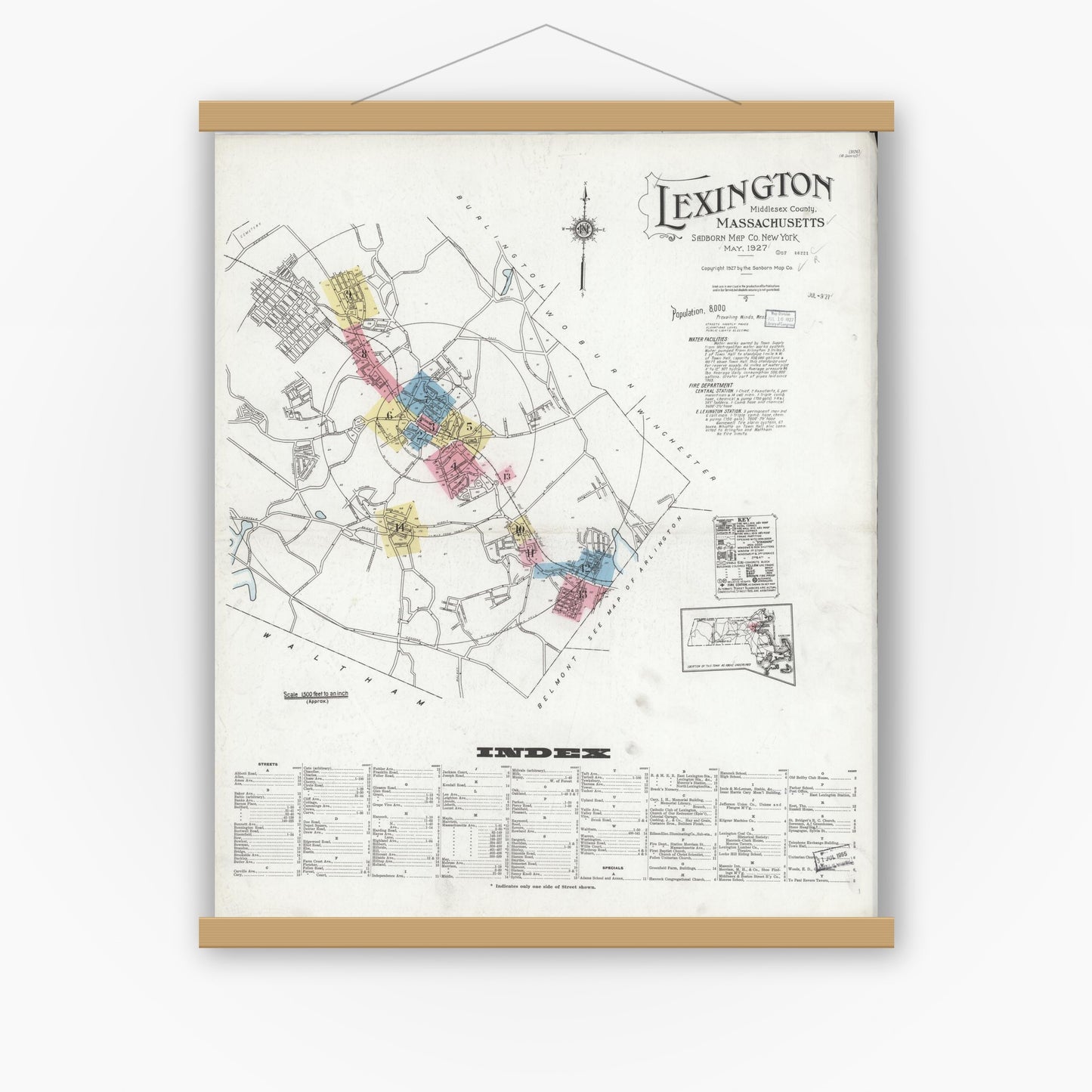 Old map wall art mockup — magnetic wood frame on white wall — Sanborn Fire Insurance Map from Lexington, Middlesex County, Massachusetts (1927), Sheet #0001