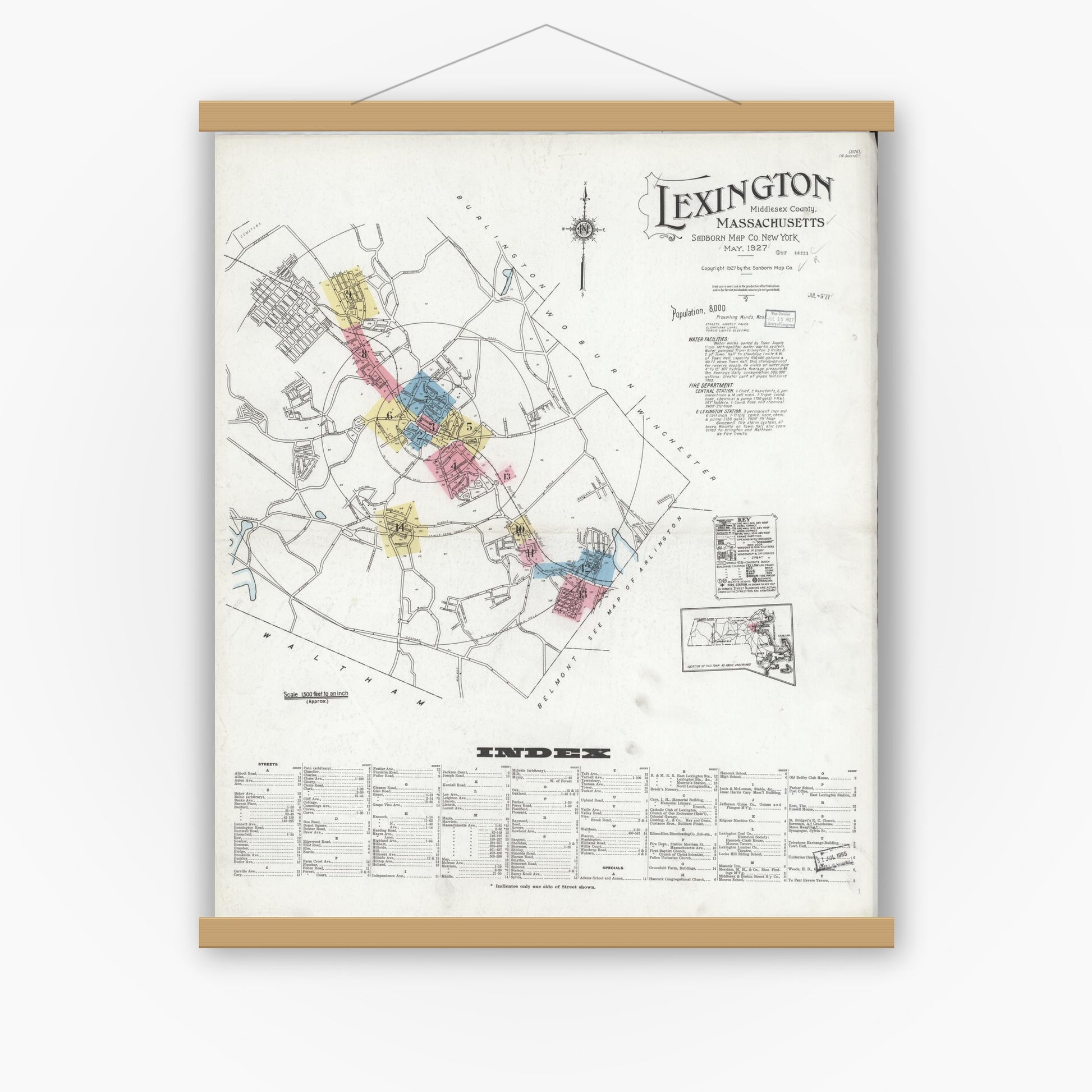 Old map wall art mockup — magnetic wood frame on white wall — Sanborn Fire Insurance Map from Lexington, Middlesex County, Massachusetts (1927), Sheet #0001