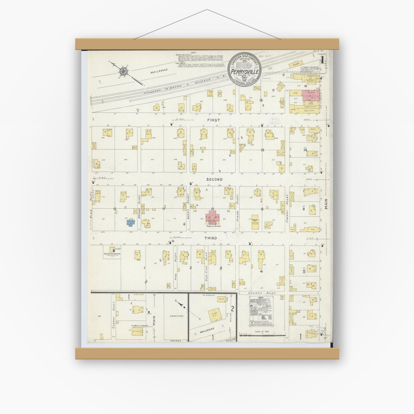 Old map wall art mockup — magnetic wood frame on white wall — Sanborn Fire Insurance Map from Perrysville, Ashland County, Ohio (1912) - Complete Map Set