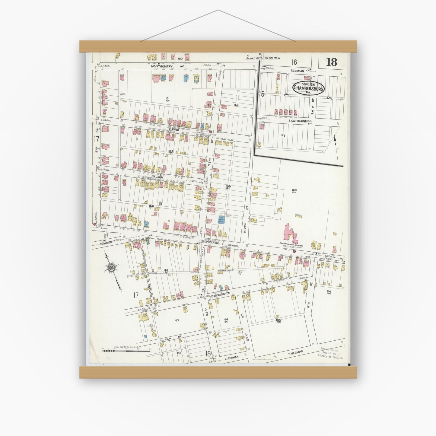 Old map wall art mockup — magnetic wood frame on white wall — Sanborn Fire Insurance Map from Chambersburg, Franklin County, Pennsylvania (1916), Sheet #0018