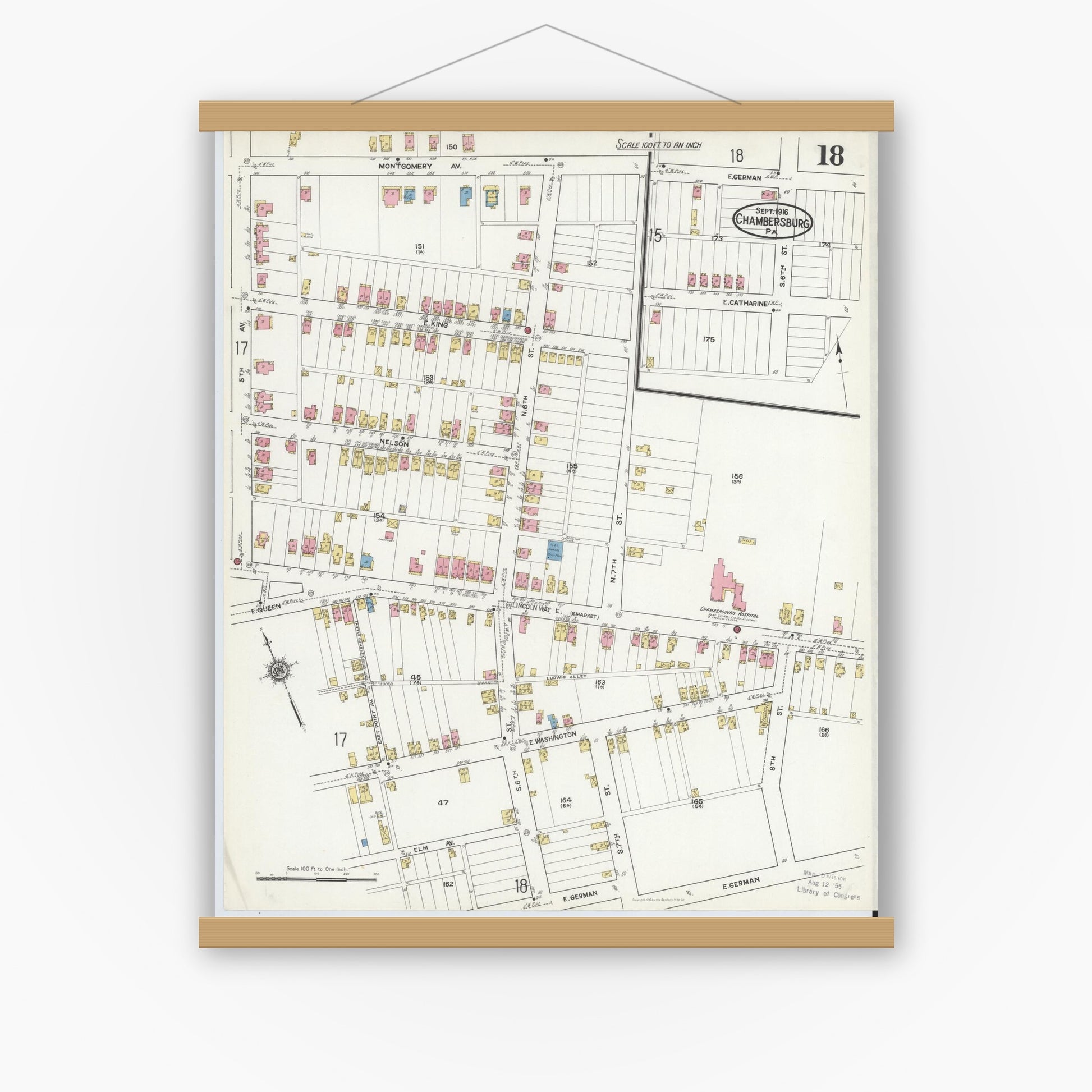Old map wall art mockup — magnetic wood frame on white wall — Sanborn Fire Insurance Map from Chambersburg, Franklin County, Pennsylvania (1916), Sheet #0018