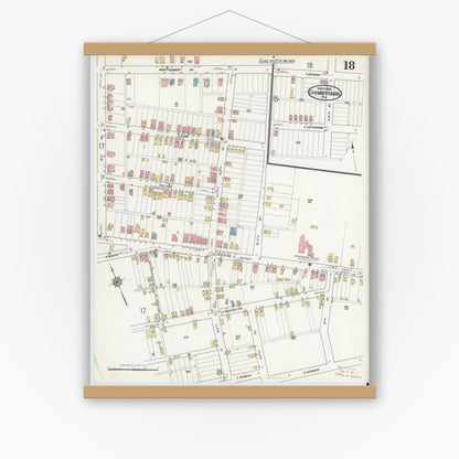 Old map wall art mockup — magnetic wood frame on white wall — Sanborn Fire Insurance Map from Chambersburg, Franklin County, Pennsylvania (1916), Sheet #0018