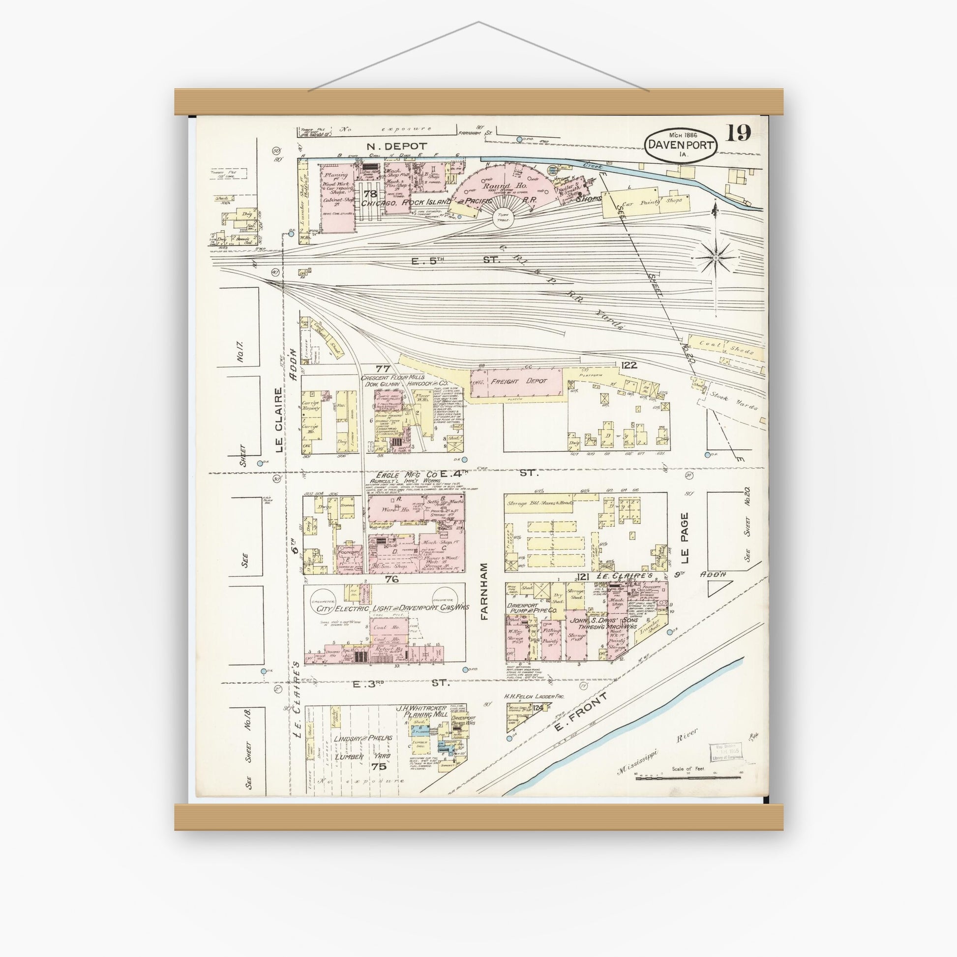 Old map wall art mockup — magnetic wood frame on white wall — Sanborn Fire Insurance Map from Davenport, Scott County, Iowa (1886), Sheet #0019
