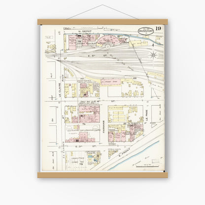 Old map wall art mockup — magnetic wood frame on white wall — Sanborn Fire Insurance Map from Davenport, Scott County, Iowa (1886), Sheet #0019