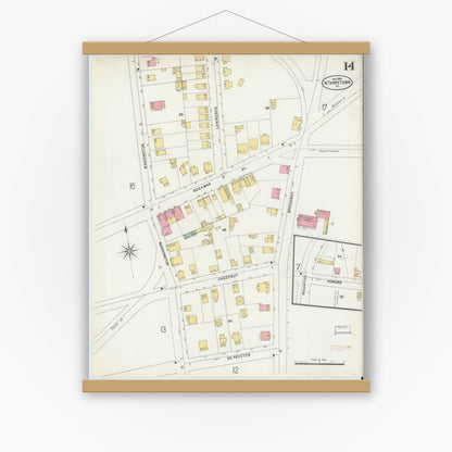 Old map wall art mockup — magnetic wood frame on white wall — Sanborn Fire Insurance Map from Tarrytown, Westchester County, New York (1898), Sheet #0014