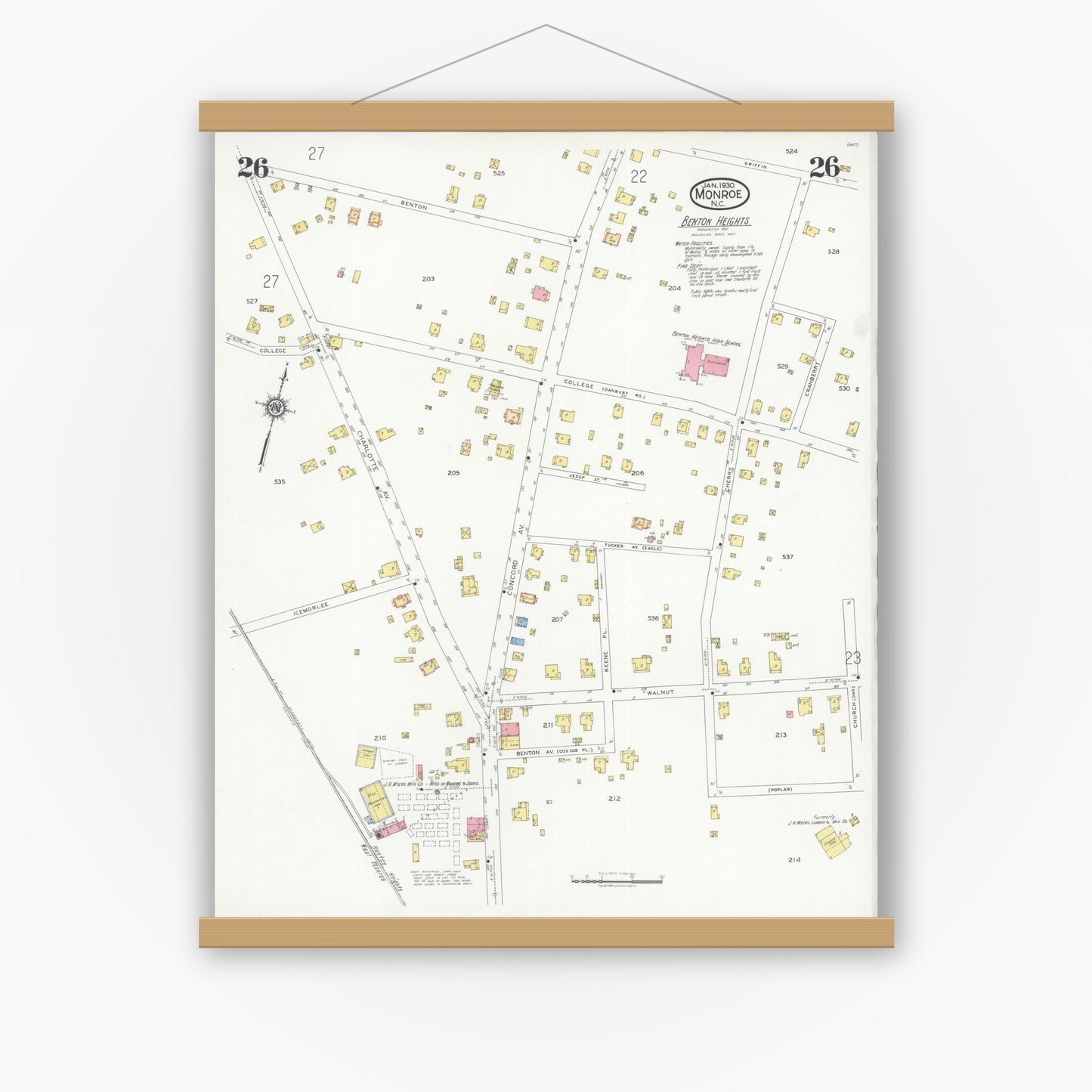 Old map wall art mockup — magnetic wood frame on white wall — Sanborn Fire Insurance Map from Monroe, Union County, North Carolina (1930), Sheet #0026