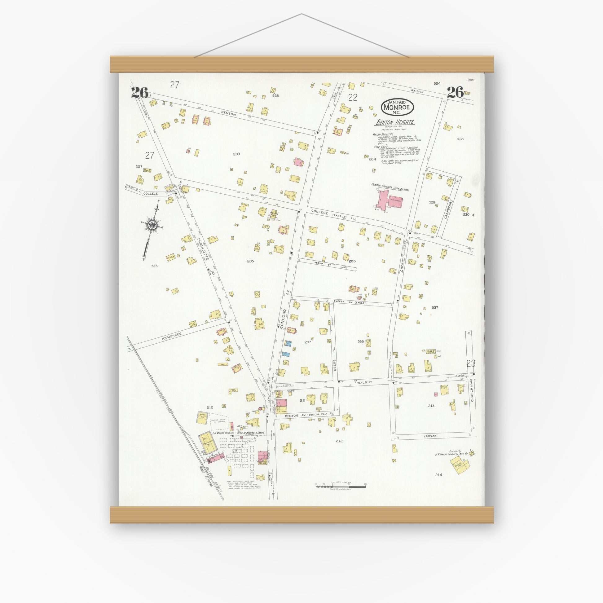 Old map wall art mockup — magnetic wood frame on white wall — Sanborn Fire Insurance Map from Monroe, Union County, North Carolina (1930), Sheet #0026