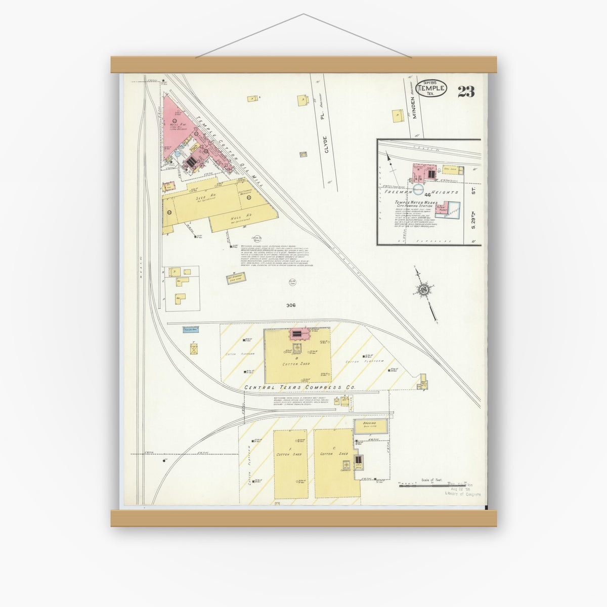 Old map wall art mockup — magnetic wood frame on white wall — Sanborn Fire Insurance Map from Temple, Bell County, Texas (1915), Sheet #0023