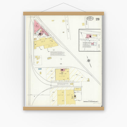 Old map wall art mockup — magnetic wood frame on white wall — Sanborn Fire Insurance Map from Temple, Bell County, Texas (1915), Sheet #0023