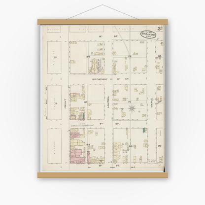 Old map wall art mockup — magnetic wood frame on white wall — Sanborn Fire Insurance Map from Brainerd, Crow Wing County, Minnesota (1885), Sheet #0003