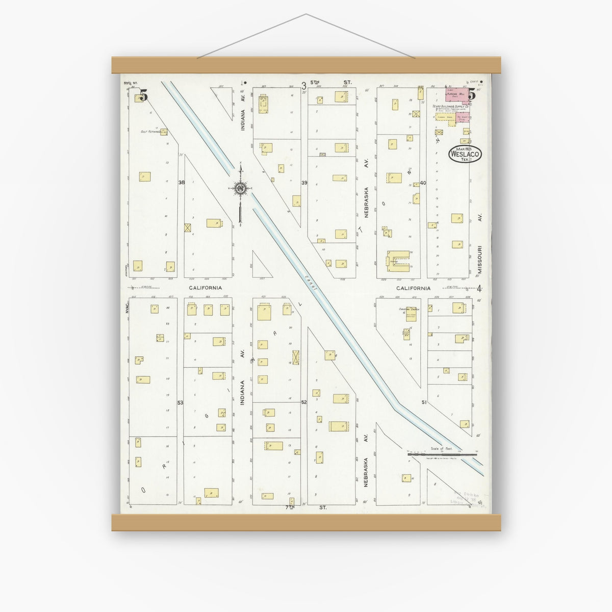 Old map wall art mockup — magnetic wood frame on white wall — Sanborn Fire Insurance Map from Weslaco, Hidalgo County, Texas (1925), Sheet #0005