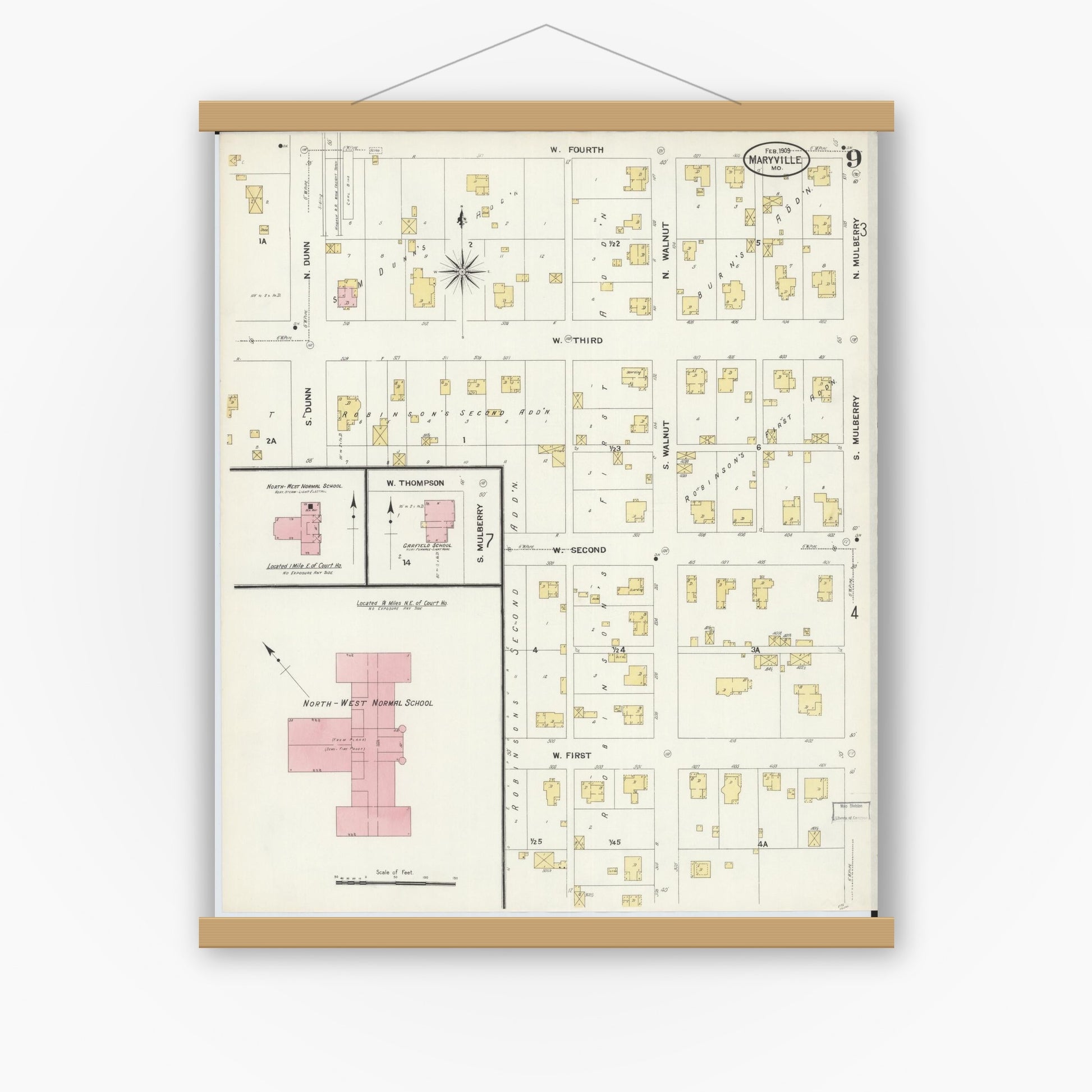 Old map wall art mockup — magnetic wood frame on white wall — Sanborn Fire Insurance Map from Maryville, Nodaway County, Missouri (1909), Sheet #0009