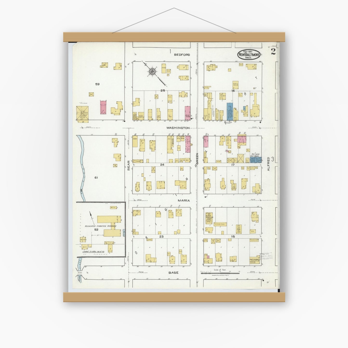 Old map wall art mockup — magnetic wood frame on white wall — Sanborn Fire Insurance Map from New Baltimore, Macomb County, Michigan (1921), Sheet #0002