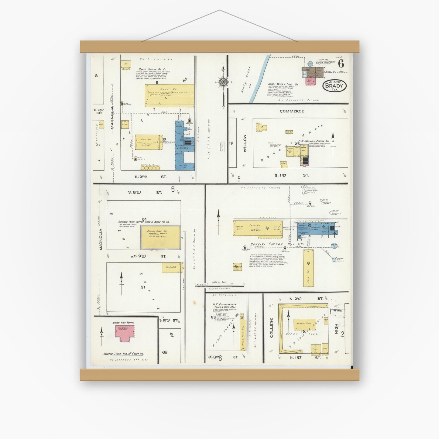 Old map wall art mockup — magnetic wood frame on white wall — Sanborn Fire Insurance Map from Brady, McCulloch County, Texas (1921), Sheet #0006
