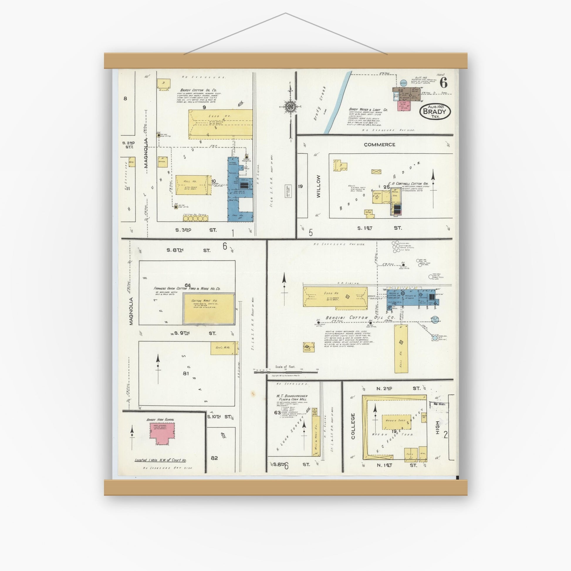 Old map wall art mockup — magnetic wood frame on white wall — Sanborn Fire Insurance Map from Brady, McCulloch County, Texas (1921), Sheet #0006