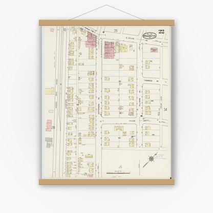 Old map wall art mockup — magnetic wood frame on white wall — Sanborn Fire Insurance Map from Washington, Washington County, Pennsylvania (1914), Sheet #0022