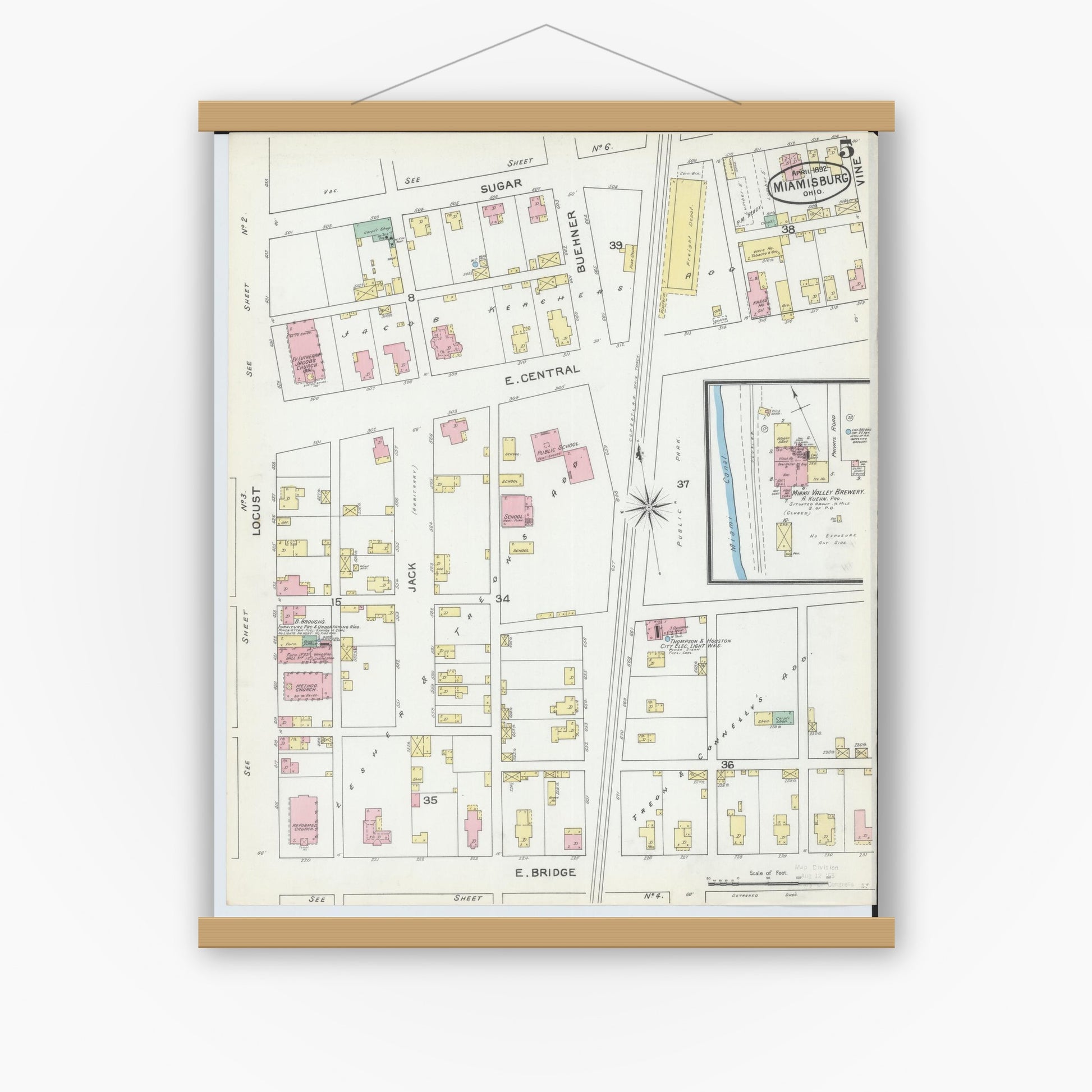 Old map wall art mockup — magnetic wood frame on white wall — Sanborn Fire Insurance Map from Miamisburg, Montgomery County, Ohio (1892), Sheet #0005