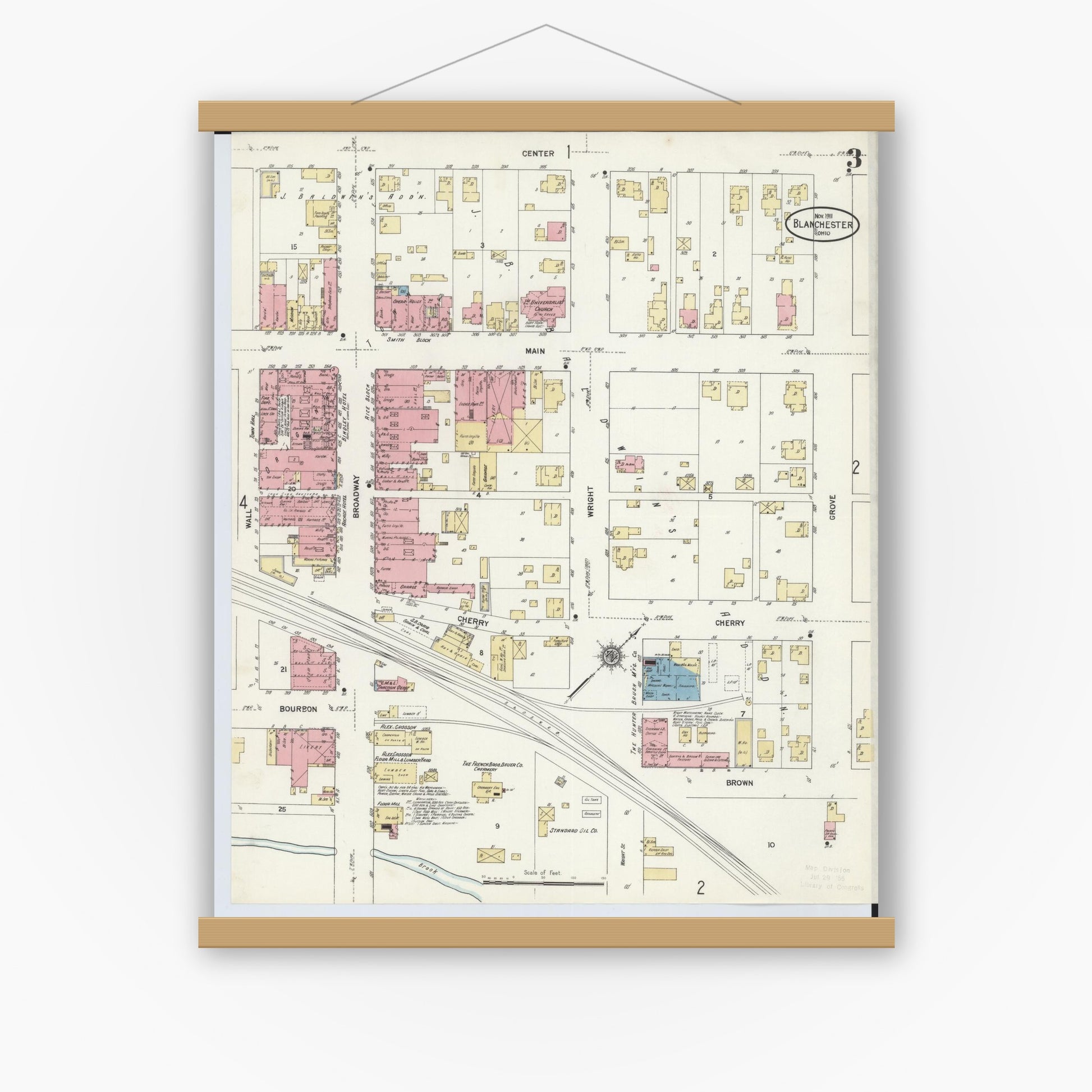 Old map wall art mockup — magnetic wood frame on white wall — Sanborn Fire Insurance Map from Blanchester, Clinton County, Ohio (1911), Sheet #0003