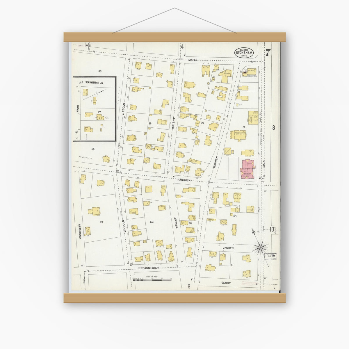 Old map wall art mockup — magnetic wood frame on white wall — Sanborn Fire Insurance Map from Stoneham, Middlesex County, Massachusetts (1903), Sheet #0007