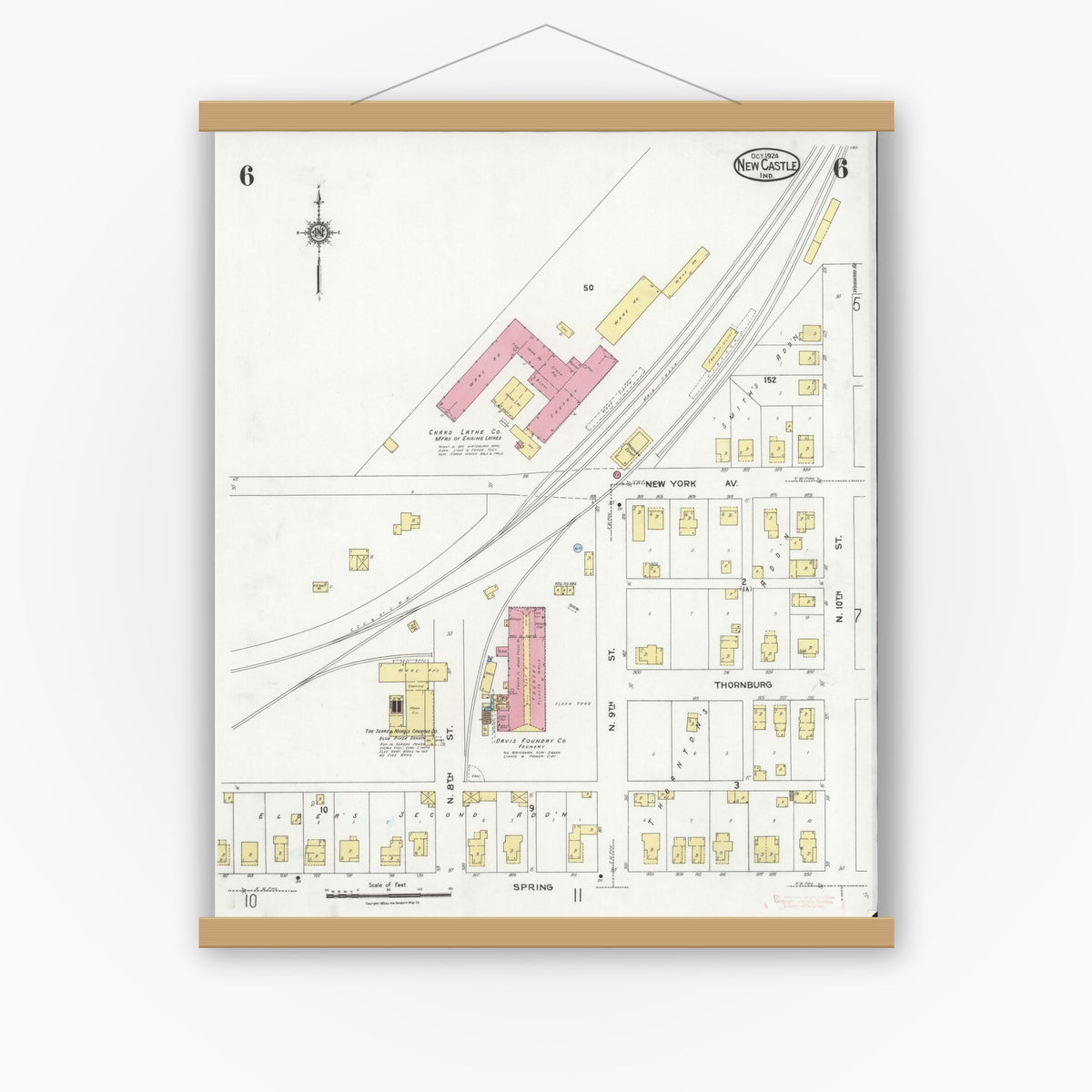 Old map wall art mockup — magnetic wood frame on white wall — Sanborn Fire Insurance Map from New Castle, Henry County, Indiana (1924), Sheet #0006
