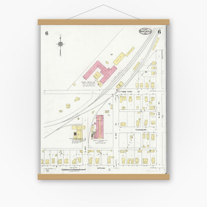 Old map wall art mockup — magnetic wood frame on white wall — Sanborn Fire Insurance Map from New Castle, Henry County, Indiana (1924), Sheet #0006