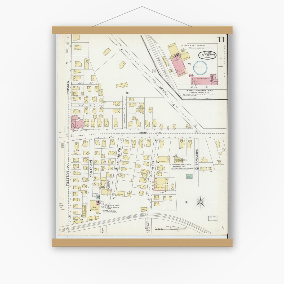 Old map wall art mockup — magnetic wood frame on white wall — Sanborn Fire Insurance Map from Everett, Middlesex County, Massachusetts (1892), Sheet #0011
