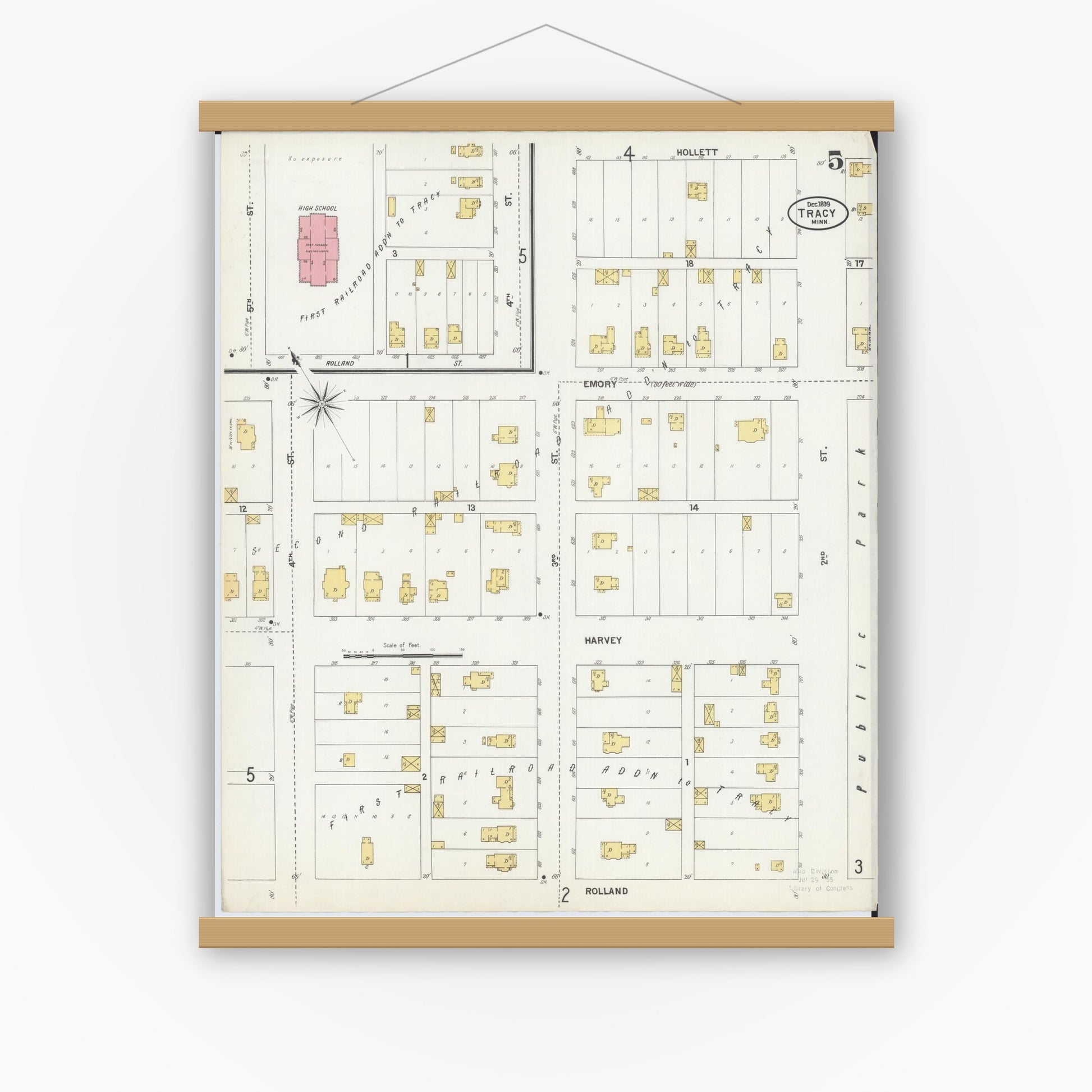 Old map wall art mockup — magnetic wood frame on white wall — Sanborn Fire Insurance Map from Tracy, Lyon County, Minnesota (1899), Sheet #0005